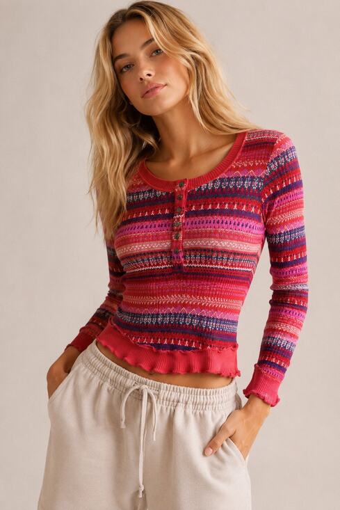 Free People Tops - Free People Movement Rally Printed Layer Henley Fired Up Combo